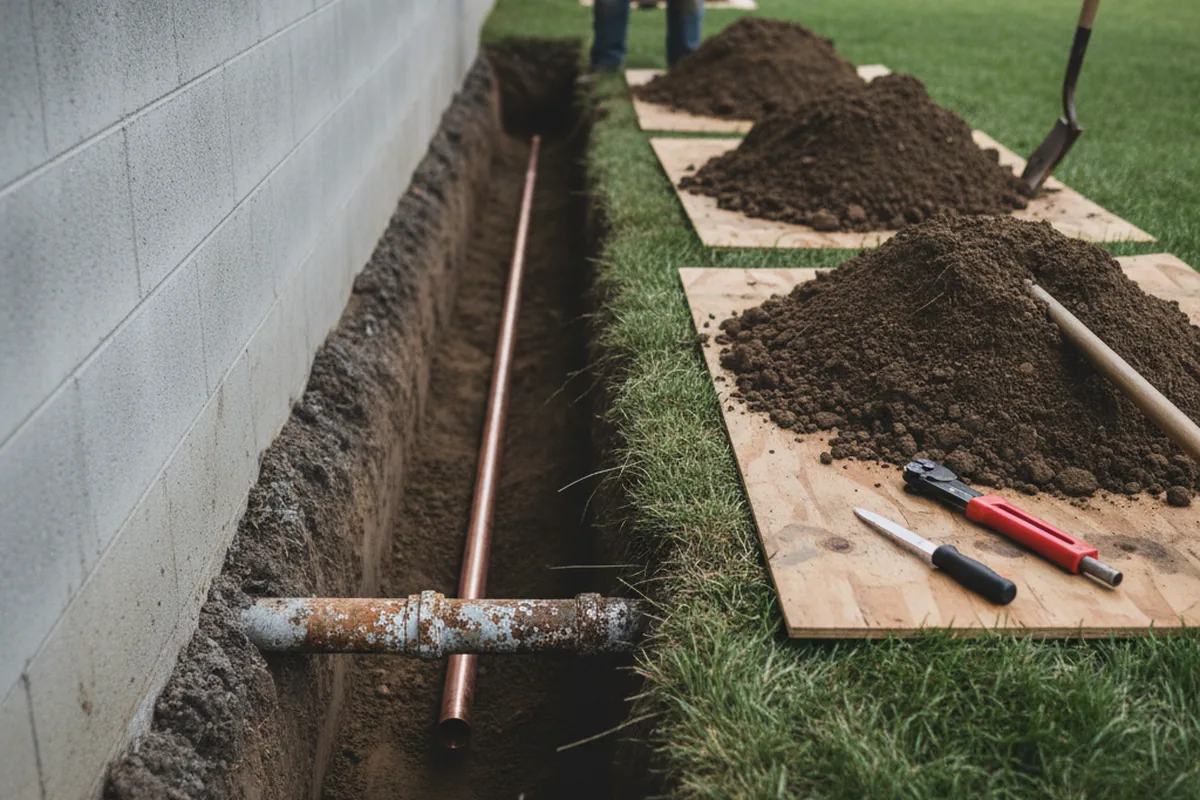 Excavated water line trench during Sewer Line Repair in Davis